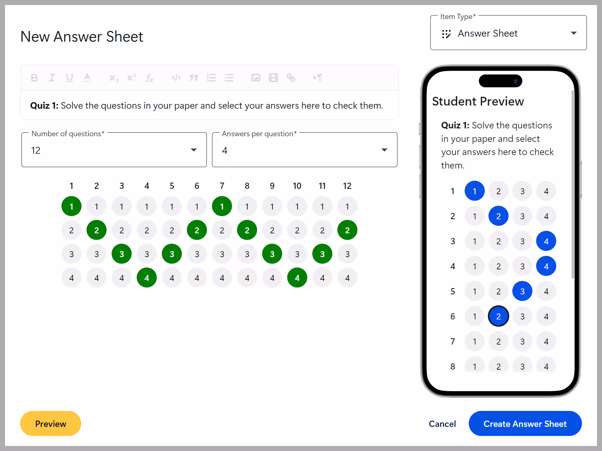 Answer Sheet screenshot