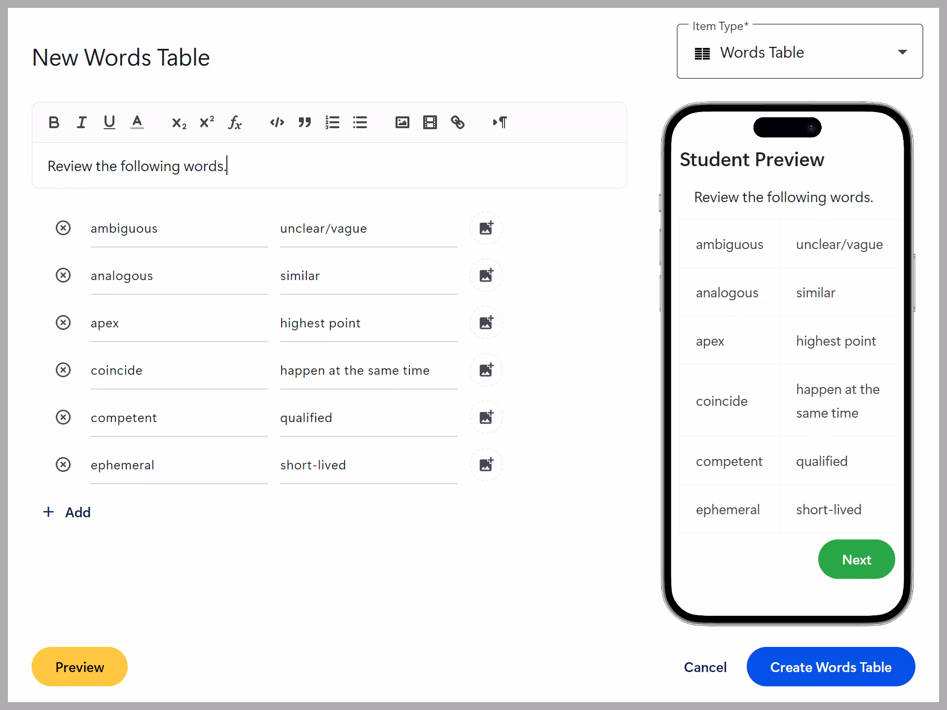 Words Table screenshot